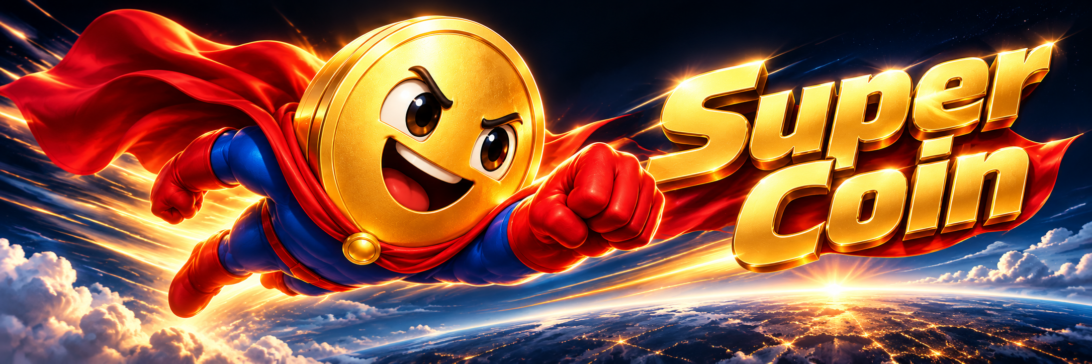 Super Coin banner: the gold coin hero in a red cape flying above the Earth next to golden Super Coin lettering